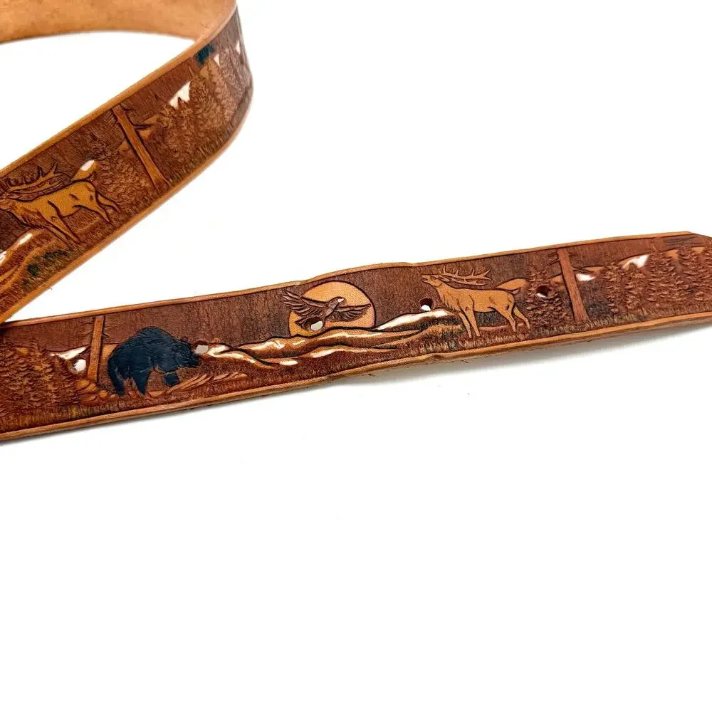 Tooled Leather Western Belt 42 Elk Bear Eagle Wildlife Nature Scene Oval Buckle
